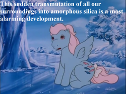 Size: 935x701 | Tagged: safe, edit, edited screencap, screencap, character:wind whistler, episode:the glass princess, g1, my little pony 'n friends, bow, glass, sesquipedalian loquaciousness, speech, tail bow, talking, tree, vitrification