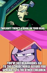Size: 500x776 | Tagged: safe, edit, screencap, character:twilight sparkle, character:twilight sparkle (alicorn), species:alicorn, species:human, species:pony, g4.5, my little pony:pony life, spoiler:pony life s01e46, book, caption, image macro, invader zim, meme, ms. bitters, solo, sportacular spectacular musical musak-ular, teacher, text