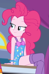 Size: 639x961 | Tagged: safe, edit, edited screencap, screencap, character:pinkie pie, species:eqg human, equestria girls:sunset's backstage pass, g4, my little pony: equestria girls, my little pony:equestria girls, spoiler:eqg series (season 2), bow, clothing, cropped, crossed legs, female, legs, pajamas, sexy, sitting, sleeveless, socks, solo, stockings, thigh highs