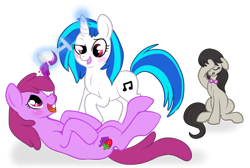 Size: 598x402 | Tagged: safe, artist:lulubell, character:berry punch, character:berryshine, character:dj pon-3, character:octavia melody, character:vinyl scratch, drunk, facehoof, simple background, transparent background, wine