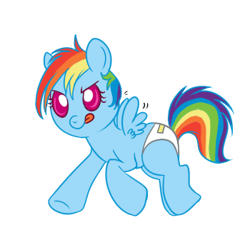 Size: 350x350 | Tagged: safe, artist:lulubell, character:rainbow dash, species:pegasus, species:pony, baby, baby pony, blep, cute, dashabetes, diaper, female, flapping, foal, simple background, smiling, solo, tongue out, white background, younger