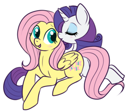 Size: 381x339 | Tagged: safe, artist:lulubell, character:fluttershy, character:rarity, ship:rarishy, blushing, female, kiss on the cheek, kissing, lesbian, shipping, simple background, white background
