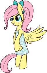 Size: 343x528 | Tagged: safe, artist:lulubell, character:fluttershy, species:pony, alternate hairstyle, bipedal, bow, clothing, cute, dress, female, simple background, solo, sundress, transparent background
