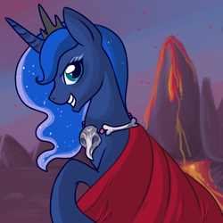 Size: 500x500 | Tagged: safe, artist:lulubell, character:princess luna, cape, clothing, female, solo, volcano