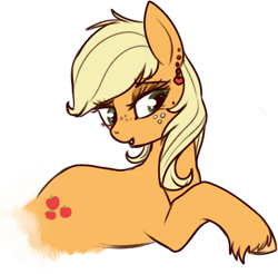Size: 391x384 | Tagged: safe, artist:lulubell, character:applejack, alternate hairstyle, ear piercing, earring, female, hatless, missing accessory, piercing, raised hoof, simple background, solo, unshorn fetlocks, white background