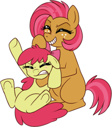 Size: 383x435 | Tagged: safe, artist:lulubell, character:apple bloom, character:babs seed, ship:appleseed, adorabloom, angry, applecest, cute, female, incest, lesbian, noogie, shipping, simple background, smiling, transparent background