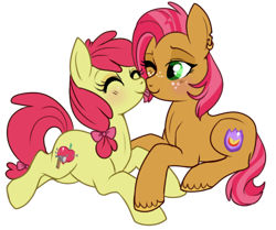 Size: 500x418 | Tagged: safe, artist:lulubell, character:apple bloom, character:babs seed, ship:appleseed, applecest, female, incest, lesbian, licking, shipping, simple background, transparent background, unshorn fetlocks