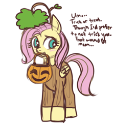 Size: 400x448 | Tagged: safe, artist:lulubell, character:fluttershy, costume, female, filly, fluttertree, halloween, holiday, jack-o-lantern, mouth hold, pumpkin, pumpkin bucket, simple background, solo, tree, tree costume, trick or treat, white background