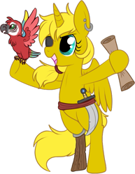 Size: 501x650 | Tagged: safe, artist:lulubell, oc, oc only, oc:ticket, species:alicorn, species:parrot, species:pony, alicorn oc, amputee, bipedal, peg leg, pirate, prosthetic leg, prosthetic limb, prosthetics, simple background, solo, transparent background