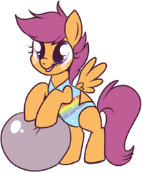 Size: 322x390 | Tagged: dead source, safe, artist:lulubell, character:scootaloo, species:pegasus, species:pony, beach ball, clothing, cute, cutealoo, female, one-piece swimsuit, open-back swimsuit, simple background, solo, swimsuit, transparent background