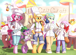Size: 1000x728 | Tagged: safe, artist:siden, character:applejack, character:bon bon, character:derpy hooves, character:donut joe, character:gustave le grande, character:pinkie pie, character:spike, character:sweetie drops, character:twist, species:anthro, species:earth pony, species:griffon, species:pony, species:unguligrade anthro, species:unicorn, chef's hat, clothing, cooking, fanfic material, female, gustave le grande, hat, power walk