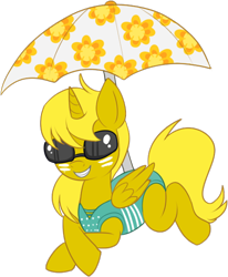 Size: 450x546 | Tagged: safe, artist:lulubell, oc, oc only, oc:ticket, species:alicorn, species:pony, alicorn oc, clothing, one-piece swimsuit, palindrome get, simple background, solo, sunglasses, swimsuit, transparent background, umbrella