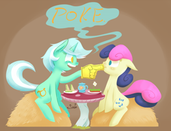 Size: 942x720 | Tagged: safe, artist:siden, character:bon bon, character:lyra heartstrings, character:sweetie drops, ship:lyrabon, boop, foam finger, food, poking, scrunchy face, shipping, table