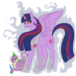 Size: 600x600 | Tagged: safe, artist:lulubell, character:spike, character:twilight sparkle, character:twilight sparkle (alicorn), species:alicorn, species:dragon, species:pony, colored claws, duo, female, gem, hoof shoes, implied evil, male, mare, older, older spike, older twilight, peytral, simple background, tyrant sparkle, ultimate twilight, white background, winged spike, wings, yellow sclera