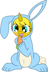 Size: 396x590 | Tagged: safe, artist:lulubell, oc, oc only, oc:ticket, species:alicorn, species:pony, alicorn oc, bunny costume, carrot, clothing, simple background, solo, transparent background