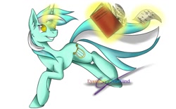 Size: 1024x640 | Tagged: safe, artist:eyesorefortheblind, character:lyra heartstrings, species:pony, species:unicorn, fanfic:anthropology, g4, book, levitation, magic, simple background, solo