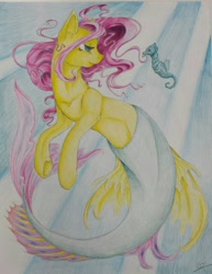 Size: 900x1168 | Tagged: safe, artist:eyesorefortheblind, character:fluttershy, g4, merpony, seahorse, seaponified, seapony fluttershy, solo, species swap, traditional art, underwater, watershy