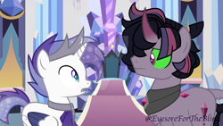Size: 1024x576 | Tagged: safe, artist:eyesorefortheblind, artist:katnekobase, artist:vector-brony, base used, oc, oc only, oc:clever crystal, oc:snow dust, species:alicorn, species:pony, species:umbrum, species:unicorn, g4, alicorn oc, curved horn, duo, looking at each other, male, signature, stallion, umbrum oc, watermark