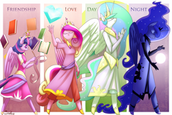 Size: 1350x900 | Tagged: safe, artist:siden, character:princess cadance, character:princess celestia, character:princess luna, character:twilight sparkle, character:twilight sparkle (alicorn), species:alicorn, species:anthro, species:pony, species:unguligrade anthro, alicorn tetrarchy, book, clothing, crystal heart, dress, evening gloves, female, fingerless gloves, gloves, line-up, pants, quill, scroll, side slit, writing