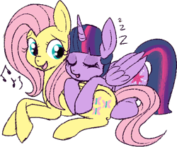 Size: 448x373 | Tagged: safe, artist:lulubell, character:fluttershy, character:twilight sparkle, character:twilight sparkle (alicorn), species:alicorn, species:pony, ship:twishy, cute, eyes closed, female, mare, music notes, open mouth, prone, shipping, shyabetes, simple background, singing, sleeping, smiling, transparent background, twiabetes, zzz