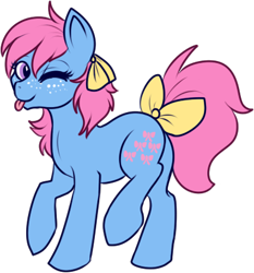 Size: 386x415 | Tagged: safe, artist:lulubell, character:bowtie (g1), g1, ;p, blep, g1 to g4, generation leap, one eye closed, silly, simple background, solo, tail bow, tongue out, transparent background, wink