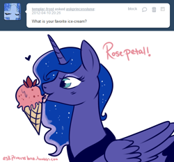 Size: 590x550 | Tagged: safe, artist:lulubell, character:princess luna, ask, female, ice cream, simple background, solo, tumblr, white background