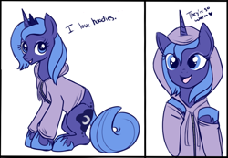 Size: 650x450 | Tagged: safe, artist:lulubell, character:princess luna, ask, clothing, cute, female, heart, hoodie, looking at you, lunabetes, open mouth, s1 luna, simple background, smiling, solo, tumblr, white background
