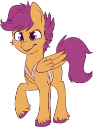 Size: 299x408 | Tagged: safe, artist:lulubell, character:scootaloo, species:pegasus, species:pony, ask ftm scootaloo, breast binding, crotchboobs, hooves, implied crotchboobs, simple background, solo, trans male, transgender, transparent background, unshorn fetlocks