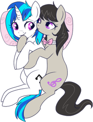 Size: 352x461 | Tagged: safe, artist:lulubell, character:dj pon-3, character:octavia melody, character:vinyl scratch, species:earth pony, species:pony, species:unicorn, ship:scratchtavia, bow tie, cuddling, cute, female, kissing, lesbian, mare, pillow, shipping, simple background, snuggling, spooning, tavibetes, transparent background, vinylbetes