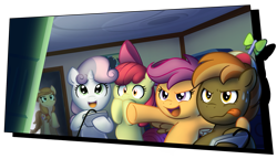 Size: 2621x1506 | Tagged: safe, artist:bcpony, character:apple bloom, character:button mash, character:scootaloo, character:sweetie belle, oc, oc:cream heart, species:pegasus, species:pony, controller, cutie mark crusaders, scootaloo will show us games to play, sweat, video game