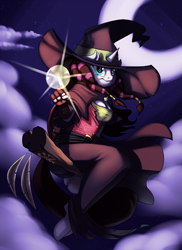 Size: 945x1300 | Tagged: safe, artist:siden, oc, oc only, oc:sixtoh, species:anthro, species:pony, species:unguligrade anthro, species:unicorn, anthro oc, broom, clothing, cloud, crescent moon, flying, flying broomstick, glowing hands, moon, solo