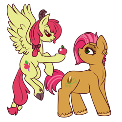 Size: 500x500 | Tagged: safe, artist:lulubell, character:apple bloom, character:babs seed, ship:appleseed, apple, applecest, cloven hooves, female, horns, incest, lesbian, older, race swap, shipping, simple background, succubus, transparent background, unshorn fetlocks