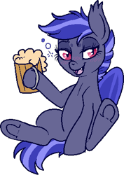 Size: 313x443 | Tagged: safe, artist:lulubell, oc, oc only, oc:night watch, species:bat pony, species:pony, blushing, cider, drunk, simple background, solo, spread legs, transparent background