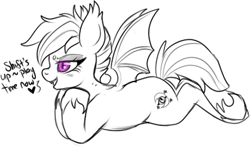 Size: 430x252 | Tagged: safe, artist:lulubell, oc, oc only, oc:night watch, species:bat pony, species:pony, bedroom eyes, black and white, dialogue, grayscale, innuendo, monochrome, partial color, prone, simple background, solo, white background