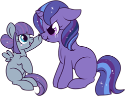 Size: 472x361 | Tagged: safe, artist:lulubell, oc, oc only, oc:moonlight eve, oc:serene skies, parent:princess luna, parent:twilight sparkle, parents:twiluna, species:pegasus, species:pony, species:unicorn, :t, angry, blank flank, boop, cute, eye contact, filly, floppy ears, glare, looking at each other, magical lesbian spawn, next generation, nose wrinkle, offspring, open mouth, scrunchy face, simple background, sisters, sitting, smiling, spread wings, transparent background, wings