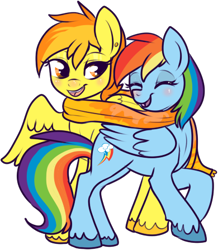 Size: 390x447 | Tagged: safe, artist:lulubell, character:rainbow dash, character:spitfire, ship:spitdash, clothing, female, hooves, lesbian, scarf, shared clothing, shared scarf, shipping, simple background, transparent background, unshorn fetlocks