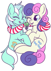 Size: 369x518 | Tagged: safe, artist:lulubell, character:bon bon, character:lyra heartstrings, character:sweetie drops, species:earth pony, species:pony, species:unicorn, ship:lyrabon, :t, blushing, candy cane, cheek squish, eyes closed, female, lesbian, looking at each other, mare, mistletoe, nose wrinkle, one eye closed, open mouth, scrunchy face, shipping, simple background, sitting, smiling, squishy cheeks, tongue out, transparent background