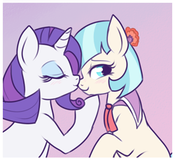 Size: 500x457 | Tagged: safe, artist:lulubell, character:coco pommel, character:rarity, species:earth pony, species:pony, species:unicorn, ship:marshmallow coco, episode:rarity takes manehattan, g4, my little pony: friendship is magic, blushing, eyelashes, eyes closed, eyeshadow, female, kissing, lesbian, makeup, mare, shipping, smiling
