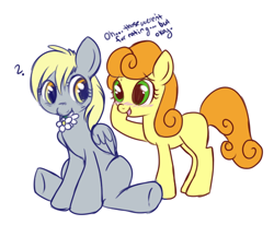 Size: 522x430 | Tagged: safe, artist:lulubell, character:carrot top, character:derpy hooves, character:golden harvest, ship:derpytop, blank flank, blushing, cute, cutie top, derpabetes, female, filly, flower, lesbian, shipping, simple background, white background