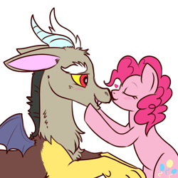 Size: 544x544 | Tagged: safe, artist:lulubell, character:discord, character:pinkie pie, ship:discopie, blushing, eyes closed, female, heart, interspecies, kissing, male, shipping, simple background, straight, white background