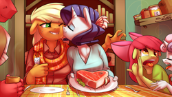 Size: 2000x1125 | Tagged: safe, artist:siden, character:apple bloom, character:applejack, character:big mcintosh, character:rarity, character:sweetie belle, species:anthro, ship:rarijack, cleavage, clothing, derp, disgusted, ew gay, eyes closed, female, floppy ears, food, gagging, grin, imminent pain, kissing, lesbian, male, meat, open mouth, p<3nies, ponies eating meat, scarf, shipping, smiling, steak, table, tongue out, wallpaper, wink