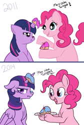 Size: 555x824 | Tagged: safe, artist:lulubell, character:pinkie pie, character:twilight sparkle, character:twilight sparkle (alicorn), species:alicorn, species:pony, art evolution, cake, draw this again, foodplay, redraw, scrunchy face, simple background, twilight is not amused, unamused, white background