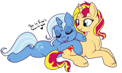 Size: 663x400 | Tagged: safe, artist:lulubell, character:sunset shimmer, character:trixie, species:pony, species:unicorn, ship:suntrix, butthug, cuddling, eyes closed, female, lesbian, open mouth, plot, prone, shipping, simple background, smiling, snuggling, transparent background