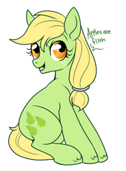 Size: 400x544 | Tagged: safe, artist:lulubell, character:applejack, blasphemy, evil twin, female, fruit heresy, heresy, hilarious in hindsight, looking up, open mouth, pear, pearjack, simple background, sitting, smiling, solo, white background