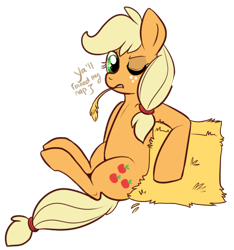Size: 462x494 | Tagged: safe, artist:lulubell, character:applejack, female, hatless, hay bale, missing accessory, one eye closed, simple background, sitting, solo, straw, transparent background