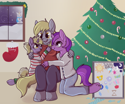 Size: 1000x832 | Tagged: safe, artist:lulubell, character:amethyst star, character:derpy hooves, character:dinky hooves, character:sparkler, species:anthro, awwmethyst star, christmas, christmas tree, clothing, crying, cute, derpabetes, dinkabetes, equestria's best daughter, equestria's best mother, equestria's other best daughter, group hug, happy, hearth's warming, hug, kneeling, open mouth, present, sitting, smiling, sweater, tears of joy, tree, underp, unshorn fetlocks, window