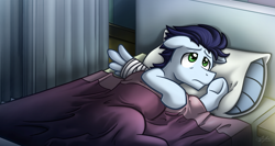 Size: 2435x1300 | Tagged: safe, artist:bcpony, character:soarin', species:pegasus, species:pony, episode:rainbow falls, g4, my little pony: friendship is magic, bandage, bed, cute, injured, lonely soarin', lying on bed, male, solo, stallion
