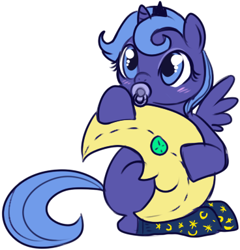 Size: 368x383 | Tagged: safe, artist:lulubell, character:princess luna, species:alicorn, species:pony, baby, baby pony, clothing, cute, diabetes, female, filly, foal, lunabetes, moon, pacifier, plushie, s1 luna, simple background, socks, solo, weapons-grade cute, white background, woona