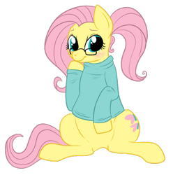 Size: 492x496 | Tagged: safe, artist:lulubell, character:fluttershy, bottomless, clothing, featureless crotch, female, glasses, partial nudity, simple background, solo, sweater, sweatershy, transparent background