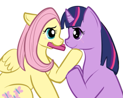 Size: 555x444 | Tagged: safe, artist:lulubell, character:fluttershy, character:twilight sparkle, ship:twishy, blushing, book, female, lesbian, nom, shipping, simple background, touch, white background